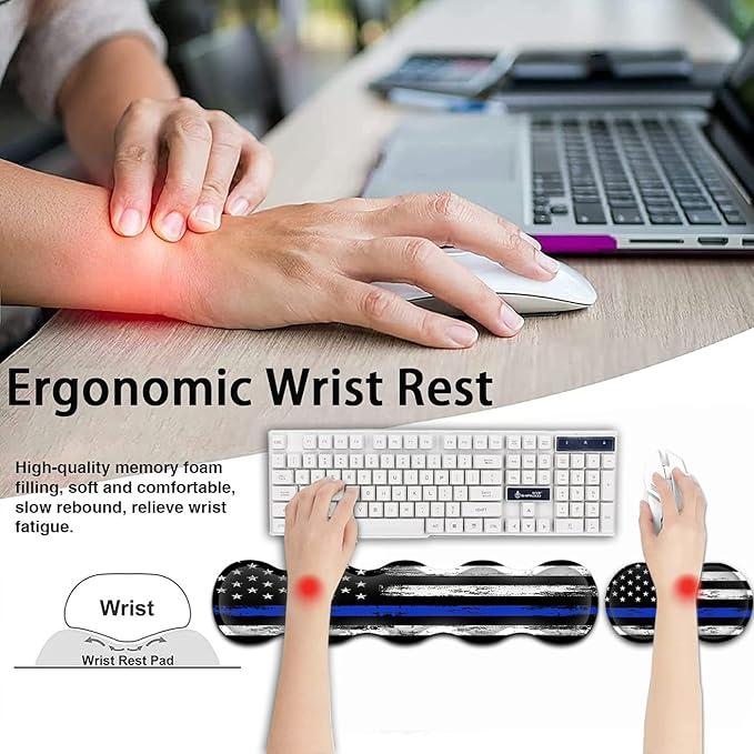 Large Gaming Mouse Pad with Stitched Edges Extended XXL Mousepad Office Desk Pad Writing Pad 31.5 x 11.8 inErgonomic Memory Foam Keyboard Wrist Rest SupportRetro Blue Line American Flag Desk Mat