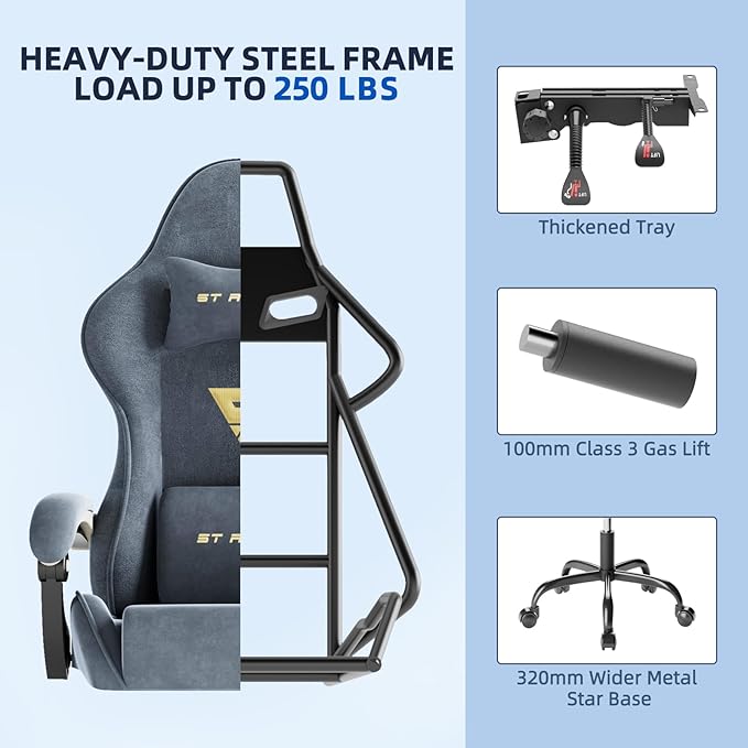 Ferghana Velvet Fabric Ergonomic Gaming Chair with Footrest and Massage Reclining Computer Gamer Chair for Adult and Teens Racing Style PC Home Office Video Game Chair (Grey)