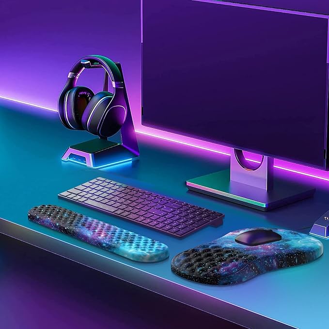 HAOCOO Ergonomic Mouse Pad with Wrist Rest Keyboard Wrist Rest Pad 3 PCS Computer Mouse Pad Sets for Desk Memory Foam Mousepad with Wrist Support for Office Gaming Laptop Galaxy Purple