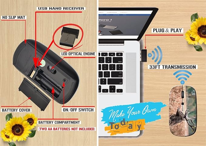 maizi Wireless Mouse Battery Powered for Computer Chromebook Notebook Wireless Mice Battery Powered Image ID: 24548646 Red Deer stag During Travel Mouse 2.4G USB Receiver Printed in USA