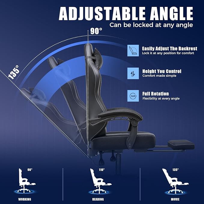GTPLAYER Gaming Chair with Footrest Recliner Chair with Headrest &amp Lumbar Support Linkage ArmrestErgonomic Gaming Chair 350lbs High Back Office Home Dark Black