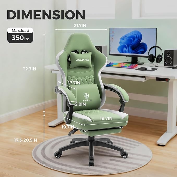 Dowinx Gaming Chair Breathable Fabric Game Chair with Gel Pad and Storage Bag Comfortable Gamer Chair with Pocket Spring Cushion Ergonomic Computer Chair with Footrest Green