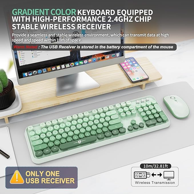 FOPETT Wireless Keyboard and Mouse Combo - 2.4G Full-Sized Cute Colorful Mouse and Keyboard with 104 Round Keys Retro Typewriter Keyboard for Laptop/Windows/PC - Green Gradient