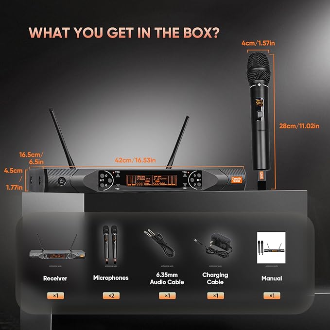 Wireless Microphone System Metal Dual UHF Cordless Handheld Dynamic Karaoke Mic Set Auto Scan Long Range 200ft for Home Karaoke Singing DJ Party Church Wedding Speech (UM203)