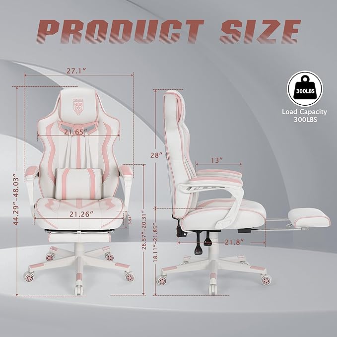 Vonesse Gaming Chair for Girls Pink Computer Gaming Chairs for Adults Reclining Gamer Chair with Footrest with Massage Ergonomic Home Office Chair High Back (White/Pink)