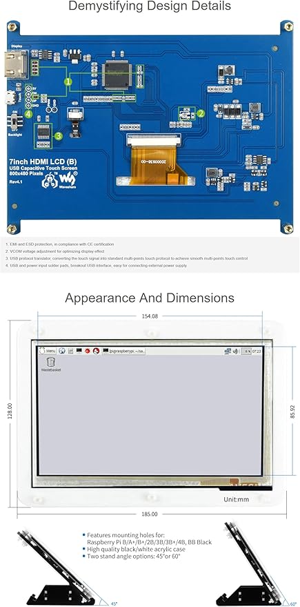 7inch Capacitive Touch Screen LCD for Raspberry Pi 4B/3B+ Banana Pi etc. 800×480 Resolution HDMI for Windows 11/10 / 8.1/8 / 7 with Bicolor Case (7inch HDMI LCD (B) with case)