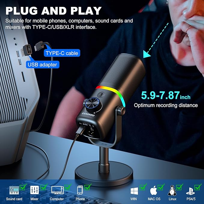 Aokeo Microphone for PC AK-10 USB/XLR Dynamic Desktop Microphone for GamingPodcastStreaming with RGB LightVolume ControlMute ButtonNoise Reduction