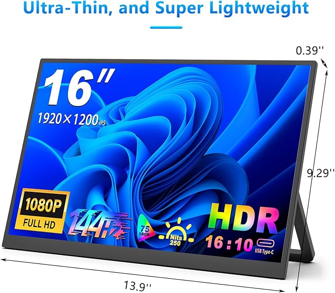 16-inch Portable Monitor 1200P Full HD IPS Panel USB-C as Core Interface HDR HDMI USB-C Mobile Display Compatible with PS5 PS4 Xbox One Switch and More Office &amp Gaming Extension Screen