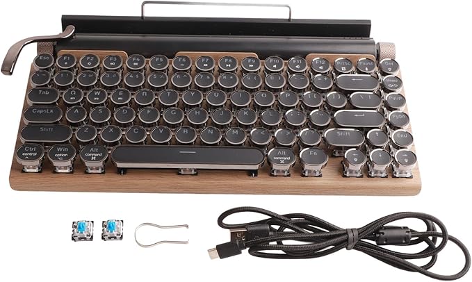 PUSOKEI Retro Typewriter Keyboard Wireless Mechanical Gaming Keyboard 83 Keys Bluetooth Punk RGB Backlit Blue Switch Metal Round KeyCap for PC Laptop Phone (Wood Grain Color)
