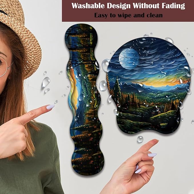 Keyboard Wrist Rest and Mouse Pad Wrist Support with Lace-Shaped Coaster Set Ergonomic Gel Memory Foam and Anti-Slip Base Easy Typing and Pain Relief - Art Moon Starry Night