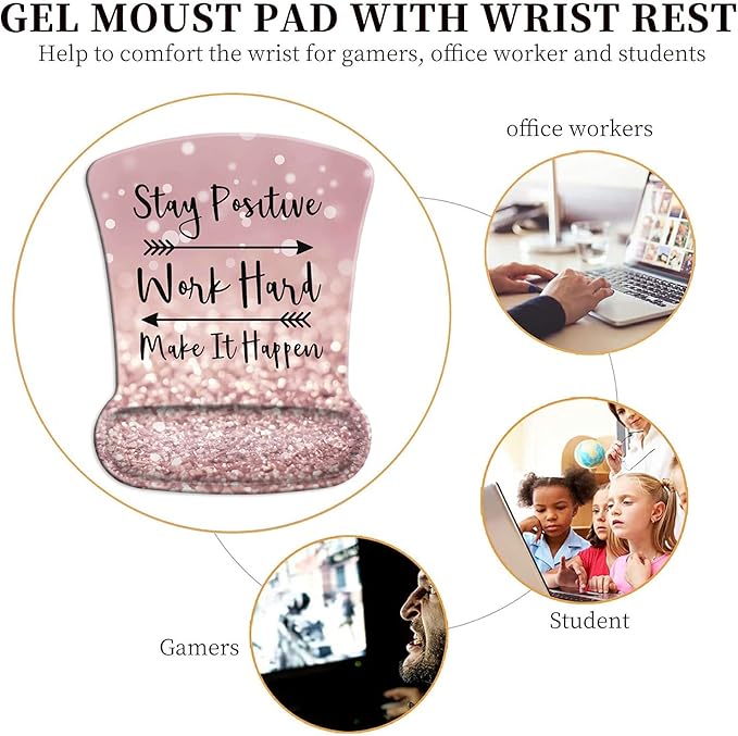 Ergonomic Mouse Pad Wrist Support Gel and Keyboard Wrist Rest Set Stay Positive Work Hard and Make It Happen Pink Glitter Design for Laptop Gaming and OfficeComfortable and Pain Relief + Coaster