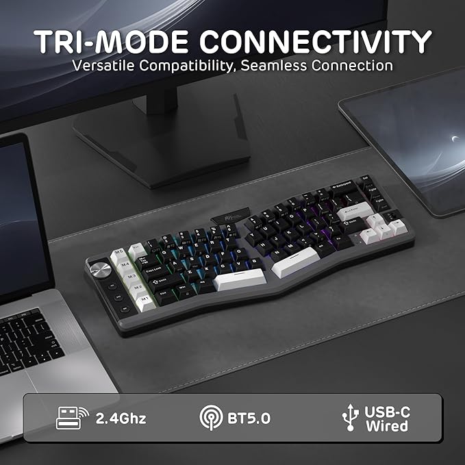 RK ROYAL KLUDGE A72 Alice Ergonomic Wireless Mechanical Keyboard w/Knob/Macro Keys/Touchable Nameplate Tri-Mode 68% 72-Key Gasket Keyboard BT/2.4G/USB-C Hot Swap Win/Mac Software 7500mAh Battery
