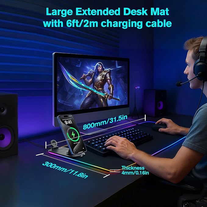 ELUTENG Mouse Pad with Phone Holder 4in1 Wireless Charging Desk Mat RGB Ultra-Smooth Gaming Mousepad Waterproof Home Office Large Desk Pad 31.5x11.81 Large Desk Pad Non-Slip Base Keyboard Pad
