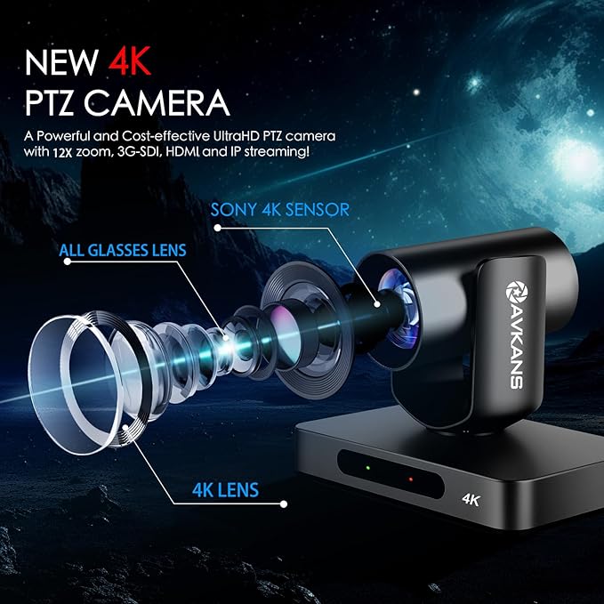 AVKANS AI Auto Tracking NDI PTZ Camera 4K Zoom Live Streaming HDMI SDI PTZ Camera for Church Worship and Live Event (Black 4K AI Tracking)