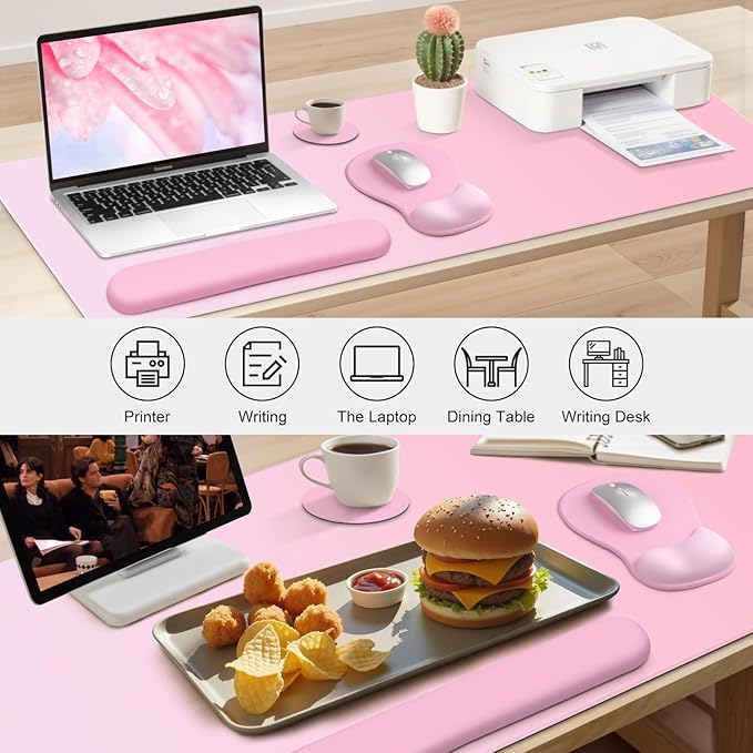 4-in-1 Large Gaming Mouse Pad Keyboard Wrist Rest Pad &amp Wrist Support Mousepad Set Extended Desk Pad Waterproof Desk Mat for Girl Women Home Office Decor Study Game 35.4×15.7 Inches I Soft Pink