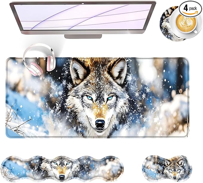 Large Keyboard Mouse Pad Set Extended Mouse Pad+Keyboard Wrist Rest Support Memory Foam Ergonomic Easy Typing 4Pcs (31.5×11.8 in) Desk Pad Set for Office HomeSnowy Wolf