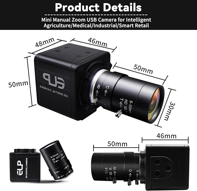 Global Shutter USB Camera – 800P Monochrome Ultra High Speed 640fps Camera [120/210/420fps Modes] – Manual Focus 5-50mm CS Lens – Compatible with Raspberry Pi Linux Mac &amp Windows