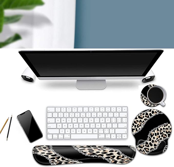 Ergonomic Mouse Pad Wrist Support and Memory Foam Keyboard Wrist Rest Set for Gaming Computer Office Laptop Easy Typing Wireless Mouse Mat Gel Gaming Funy Leopard Pattern Black Office Desk Pad