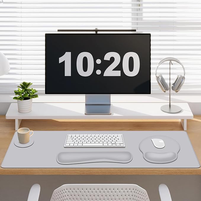 4 PCS Mouse Pad Desk Mat Protector Keyboard Wrist Rest + Comfortable Mouse Pad with Wrist Rest +Coaster Large Gaming Mousepad for Computer Laptop 35.4X 15.7 Deskpad for Office Home I Light Gray