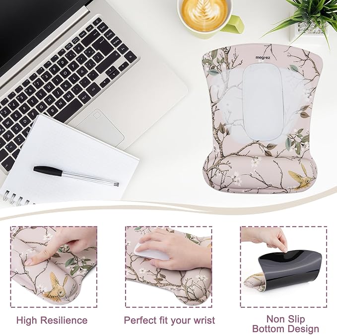 MEGREZ 4-in-1 Ergonomic Memory Foam Wrist Rest Set Desk Pad Mouse Pad with Wrist Rest Keyboard Pad Suitable for Office Workers Programmers &amp Gamers–Relieve Typing &amp Gaming Fatigue Light