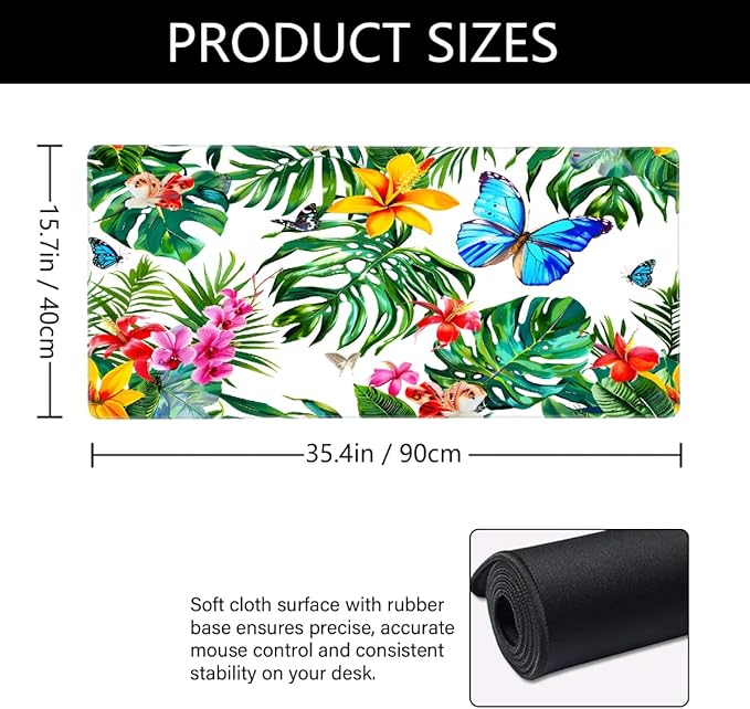 Tropical Palm Butterfly Large Mouse Pad Gaming Mousepad Desk Mat for Desktop Computer Keyboard Waterproof Mouse Mat Desk Pad with Non-Slip Base for Game School Office Home 35.4 x 15.7