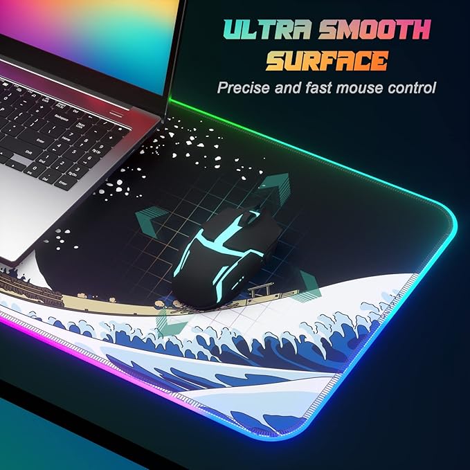 ITNRSIIET RGB Gaming Mouse Pad Full Desk XL Extended Large Gaming Mousepad 12 Lighting Modes 30% Thicker Big LED Desk Mat for Gamers 32 x 12 inches Japanese Waves