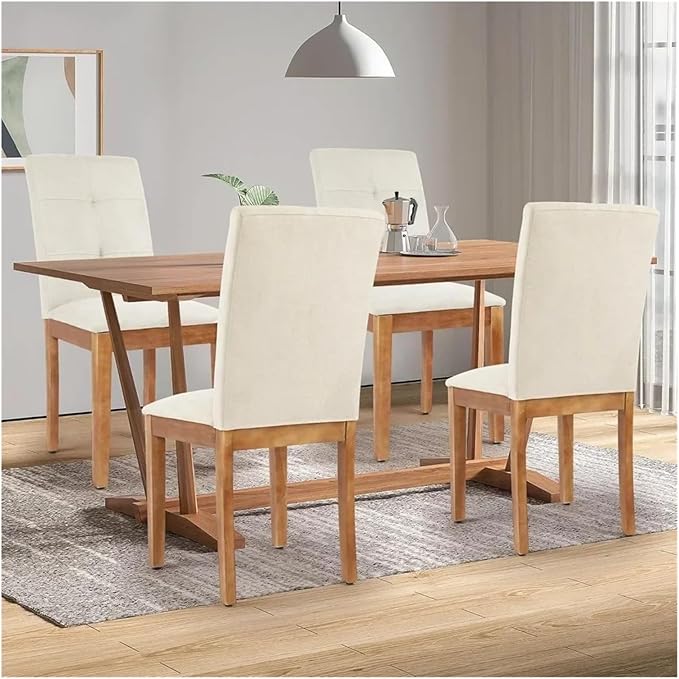 Adjustable Office Computer Chair with Armrest 1pcs No Armrests Upholstered Fabric Dining Room Chairs with Rubberwood Legs(Beige)