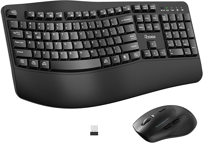 Wireless Keyboard and Mouse Combo2.4G Full Size Wave Keys Ergonomic Keyboard with Wrist Rest for Natural Typing 3 DPI Adjustable Ergonomic Silent Mouse for Computer/Laptop/Windows/Mac (Black)