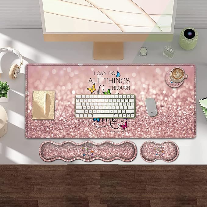 Large Gaming Mouse PadExtended Office Desk MatWaterproof Desk Writing Pad for Home Ergonomic Mouse &ampKeyboard Wrist RestPhilippians 4:13 Bible Glitter Laptop Desk Pad Pink Mousepad Wrist Support