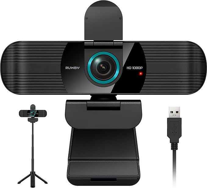RUWBY Full HD 1080P Webcam with Built-in Dual Mics Wide-Angle Lens Privacy Cover Tripod Stand Autofocus Computer Camera Plug and Play for Desktop PC or Laptop