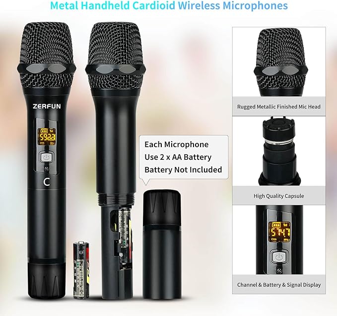 Pro Wireless Microphone System 4 Channel UHF Metal Cordless Handheld Mics with Echo Bluetooth for Church Karaoke Singing 4x50 Adjustable Frequency(MU-898 Battery 4 Handheld)