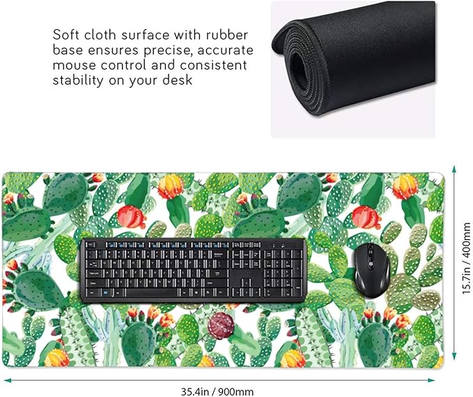 Cactus Plant Large Mouse Pad Gaming Mousepad with Wrist Support Rubber Computer Keyboard Mat for Desk Laptop Non-Slip Full Deskmat Protector Waterproof Writing Pad Office Home 16x35.5 in