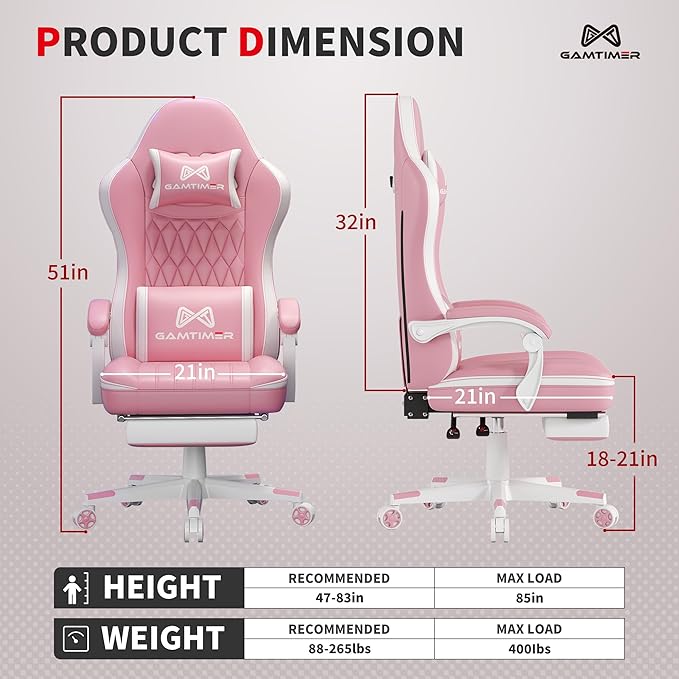 Gaming Chair with Footrest Ergonomic Computer Chair PU Breathable Material with Headrest and Lumbar Support Suitable for Silla Gamer and Adults(Pink)