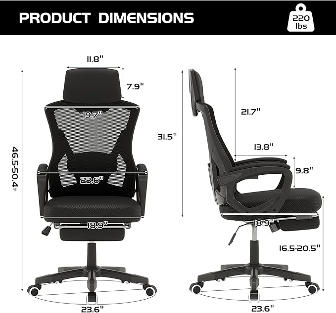 Gaming Chair Ergonomic Office Recliner with Lumbar Support High Back and Height Adjustable Computer Desk Chair with Mesh Back and 360° Swivel for Teens and Adults (Black)