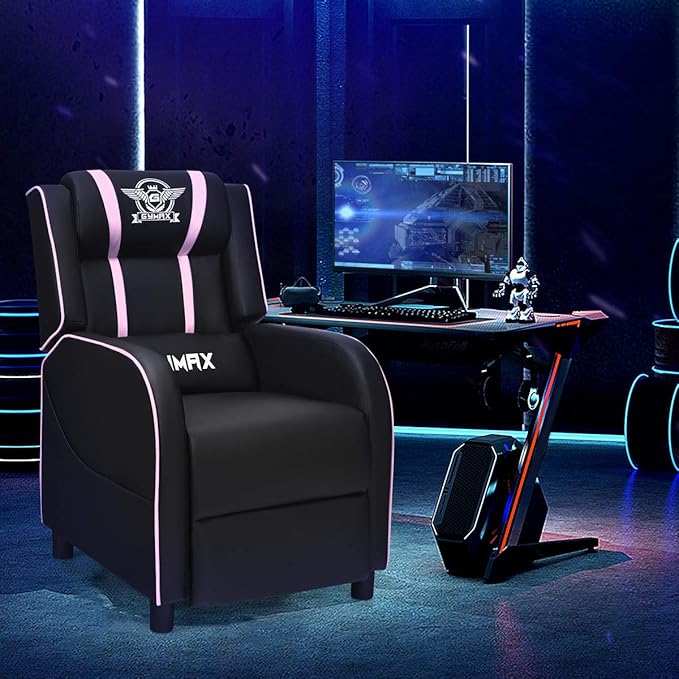 Gaming Recliner Movie Theater Chair w/Adjustable Backrest &amp Footrest Massage Lumbar Pillow Racing Single Sofa PU Leather Reclining Chair for Gaming Room Home Theater (Pink)