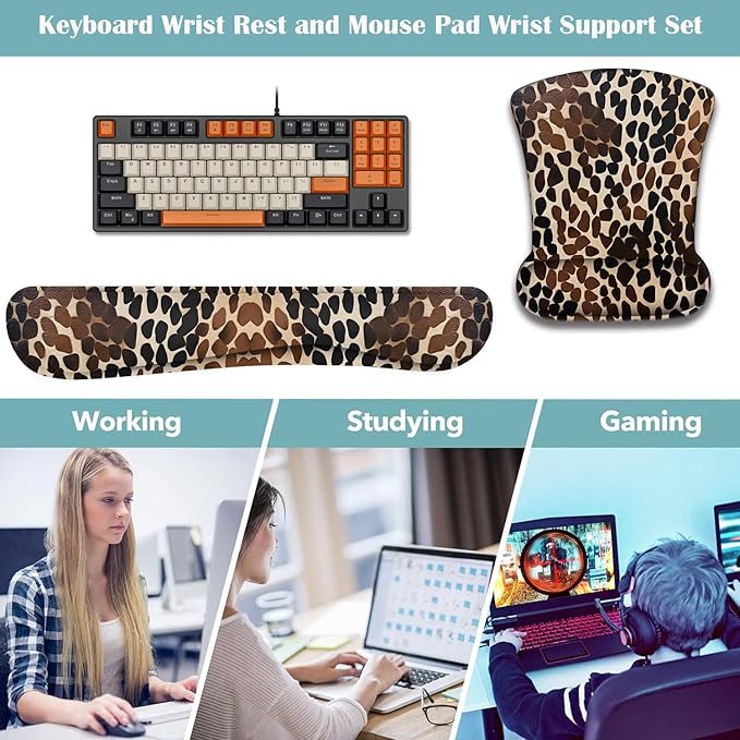 Mouse Wrist Rest and Keyboard Wrist Rest Pad+ Coaster Set Non-Slip Rubber Base Smooth Surface Ergonomic Gaming Mouse Pad for Easy Typing and Pain Relief Brownish Black Cow Pattern