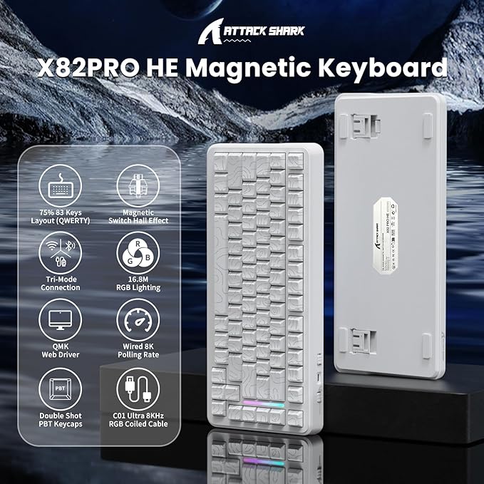 ATTACK SHARK X82 PRO HE Magnetic Gaming Keyboard8KHz Polling RateAdjustable Actuation Rapid TriggerTri-Mode Wireless PC Keyboard with 5000mAh BatteryCloud/Software Driver for Win/MacWhite Line