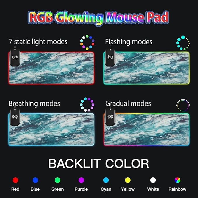 Turquoise Blue Marble Gaming Mouse Pad Led Mousepads RGB Backlit with 14 Lighting Modes Non Slip Base Soft Computer Keyboard Mat for Gaming PC Laptop Desk S
