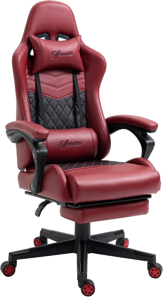 Red Racing Gaming Chair Diamond with Footrest Headrest and Lumbar Support PU Leather Office Gamer Chair High Back Swivel Recliner Adjustable Height for Office or Gaming
