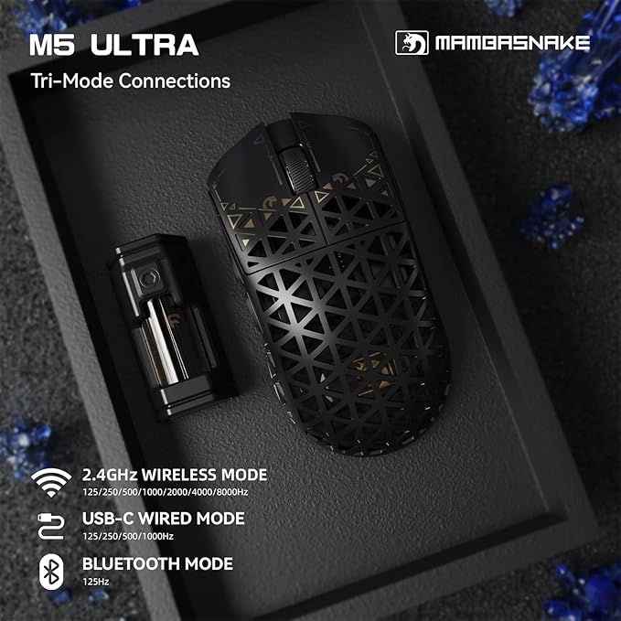 MAMBASNAKE M5 Ultra Carbon Fiber 8KHz Wireless Gaming MousePAW3950MAX Sensor 42K DPI39g Lightweight Tri-Mode 2.4GHz/BT/Wired Computer MiceWeb Driver Supportfor Win/Mac/FPS/MOBA/Esports-Black (A)