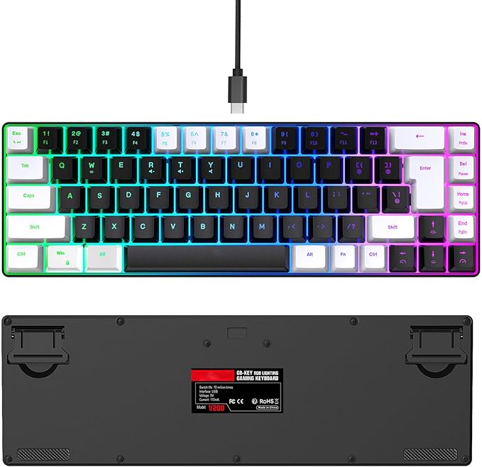 Membrane Wired Gaming Keyboard RGB Backlit Membrane Gaming Keyboard 68 Keys Linear Mechanical Feel Keyboard Ergonomic USB Computer Keyboard for Office Home Game (White Black)