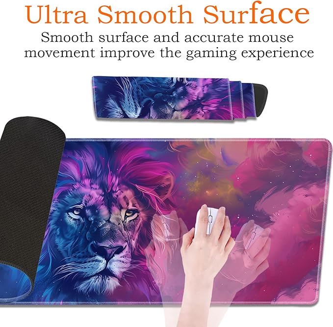 Large Gaming Mouse Pad Keyboard Wrist Rest Pad + Mouse Wrist Pad + Coaster 4 in 1 Set Extended Waterproof Non-Slip Desk Mat Suitable for Office Home Learning Games Blue and Purple Lion