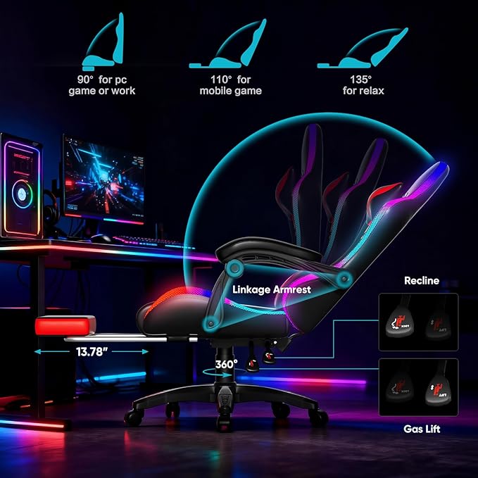 Gaming Chair Racing Style RGB LED Lights Gaming Chairs for Adults and Kids Lumbar Massager Gamer Chair High Back Reclining Computer Chair with Footrest and Headrest (Black/Red)