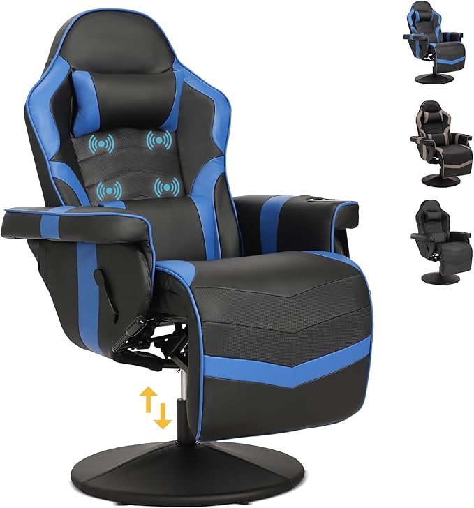 Game Reclining Chair with Adjustable Height PU Gaming Chair with Massage Long Footrest and Lumbar Support High Back Swivel Computer Game Chair for Adult(Blue)