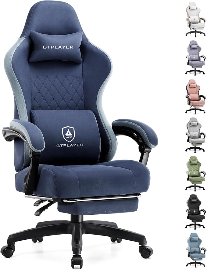 GTPLAYER Gaming Chair Computer Office Chair with Pocket Spring Cushion Linkage Armrests and Footrest High Back Ergonomic Computer Chair with Lumbar Support Task Chair with Footrest(Blue)