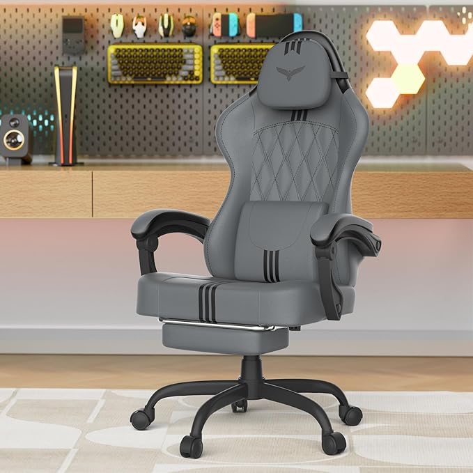 Ferghana PU Leather Gaming Chair with Wider Seat Cushion Diamond Double-Stitching Ergonomic High Back Game Chair with Footrest Computer Chair with Massage Lumbar Support for Adult Gray/Black