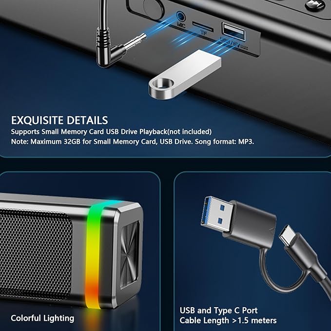 Computer Speaker PC USB Powered Laptop Stereo Speaker with RGB Light for Gaming Music