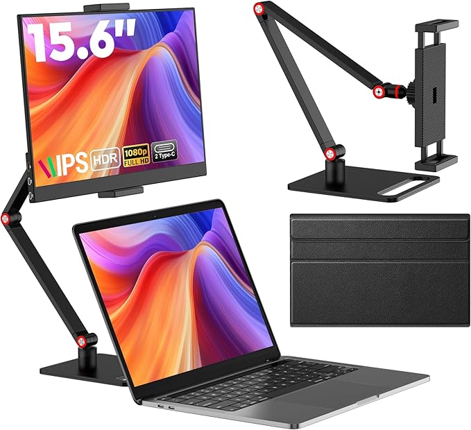 15.6” Portable Monitor with Adjustable Stand 1080P FHD IPS Screen Extender USB-C/HDMI Port Ultra Slim Travel Monitor with Eye Protection Plug and Play for Laptop/PC/Mac/Android/Switch/PS5