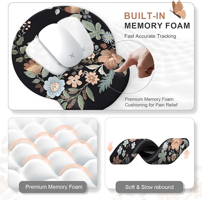 iLeadon Floral Mouse Pad Sets Desk Matt for Desktop Mouse Pad with Wrist Support Extra Large Desk Size Mouse Mat+Cup Coaster with Non-Slip Base for Women Home Office (Black)