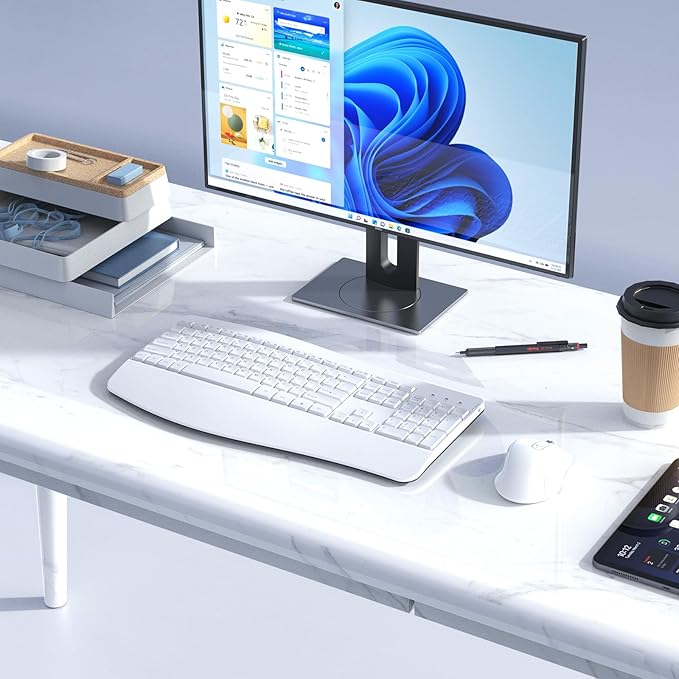 Ergonomic Keyboard and Mouse Combo Full Size Cordless Computer Keyboard with Palm Wrist Rest Ergonomic Mouse for Windows Computers Laptops - White